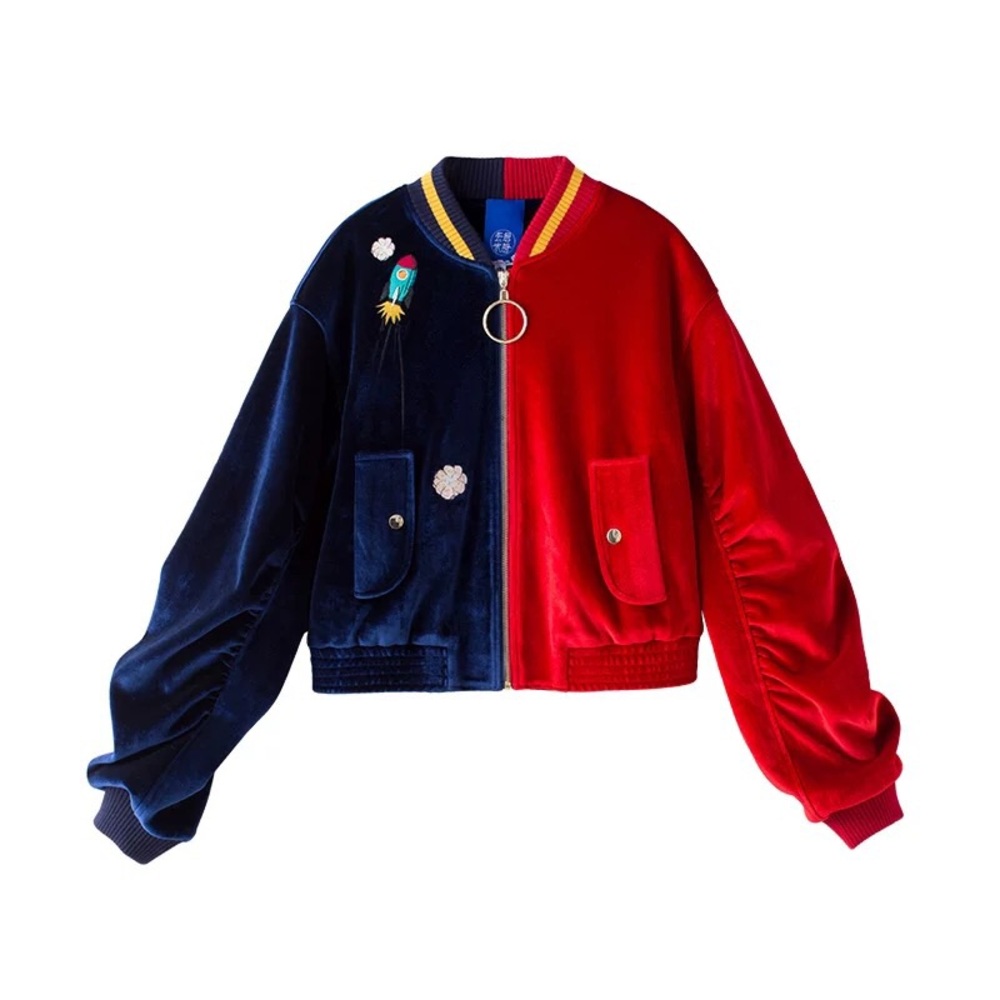 Colorblock embroidery Velvet Bomber Jacket - Red & Navy size L